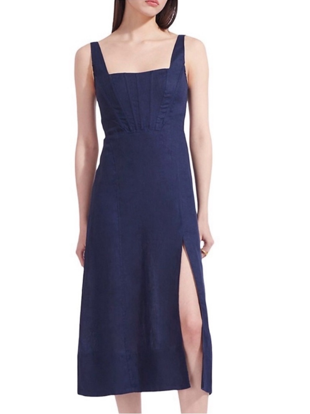 Staud Women’s Rome Linen Midi Dress Navy Size 2 Minimalist Resort Wear Midi